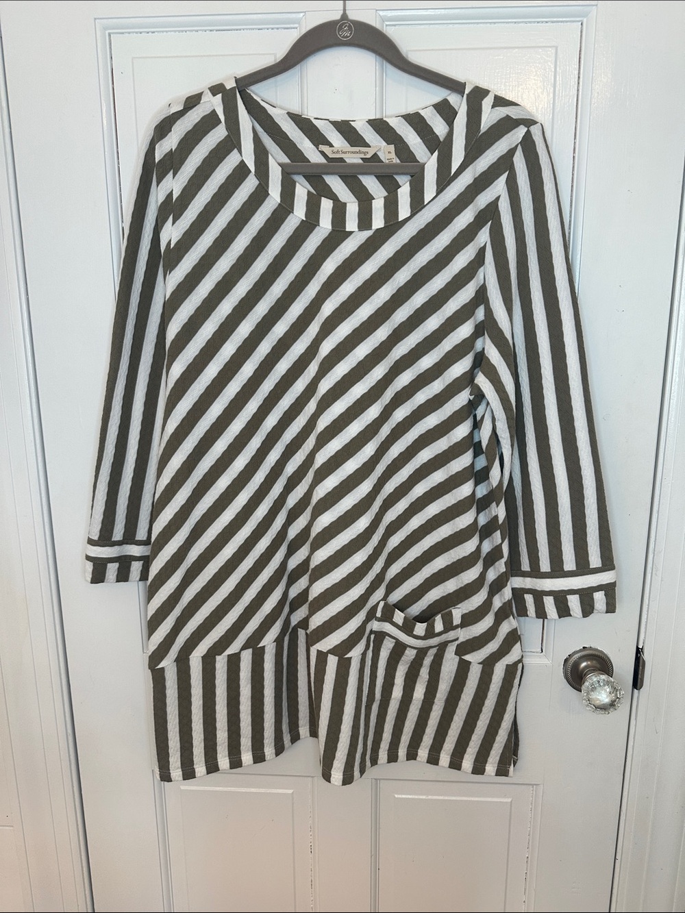 Soft Surroundings Olive Green and White Stripe Blouse size XL EUC